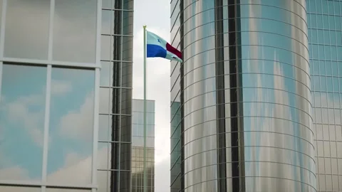 Panama Flag 3D Render Animation on Pole with City Buildings Video stock 332879056
