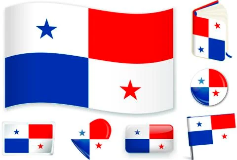 Panama flag wave, book, circle, pin, button, heart and sticker. Stock Illustration