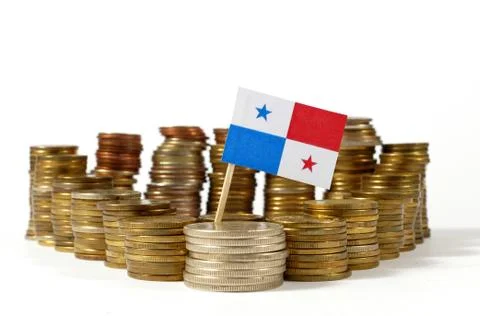 Panama flag waving with stack of money coins Stock Photos