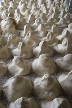 Panama hats drying after the bleaching process Foto stock