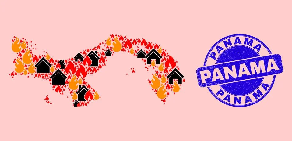 Panama Map Collage of Fire and Homes and Grunge Panama Seal Stamp Ilustração Stock