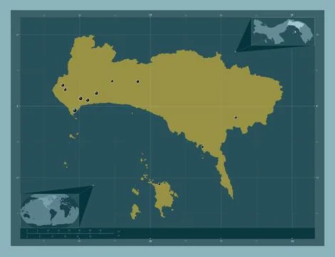 Panama, Panama. Solid color shape. Locations of major cities of the region 스톡 일러스트