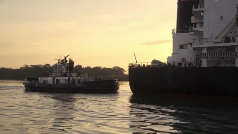 PANAMA SEPT 2018: Cargo Ship Transit Tug Boat Panama Canal Stock Footage 100274562