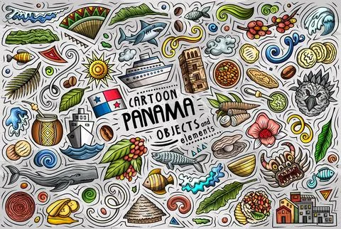 Panama Travel Cartoon Doodle objects set Illustrazione stock