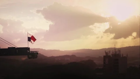 Panamanian Flag At Dramatic Sunset Slow Motion With Copyspace Stock Footage 100133747