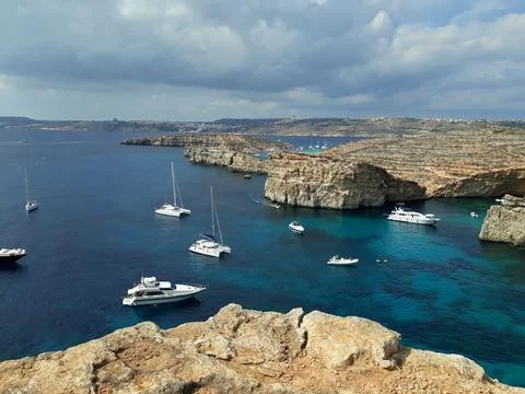 Panaramic view from top of cliff comino island country Malta Stock Photos