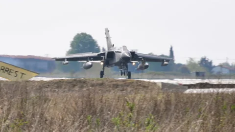 Panavia Tornado IDS fighter bomber landing with the thrust reversers activated Stock Footage 155012779