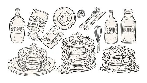 Pancake Breakfast Vector Set In Sketch Retro Style Cartoon Food Illustration Stock Illustration