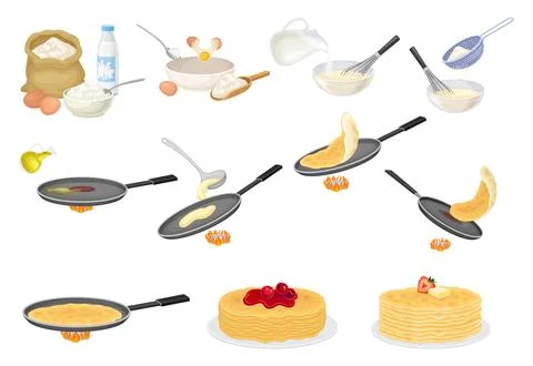 Pancake Cooking Process with Mixing Ingredient in Bowl and Frying on Pan Big Stock Illustration