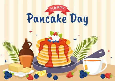 Pancake Day Vector Illustration a Plate of Pancakes Topped with Syrup, Cher.. Stock Illustration