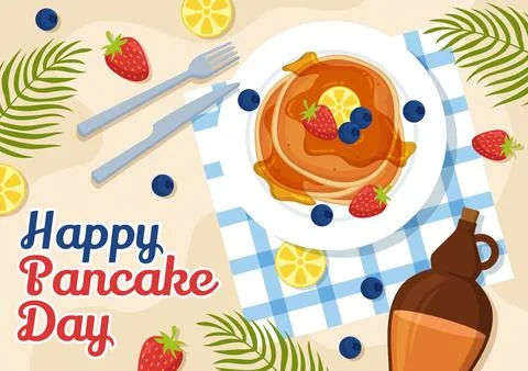 Pancake Day Vector Illustration a Plate of Pancakes Topped with Syrup, Cher.. Stock Illustration