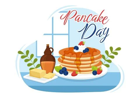 Pancake Day Vector Illustration a Plate of Pancakes Topped with Syrup, Cher.. Stock Illustration