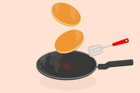 Pancake in a frying pan in the kitchen preparing delicious big ones on a butt Stock Illustration