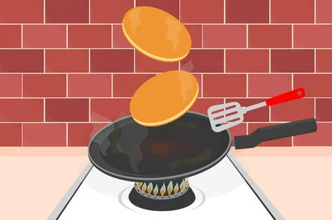 Pancake in a frying pan in the kitchen preparing delicious big ones on a butt Stock Illustration