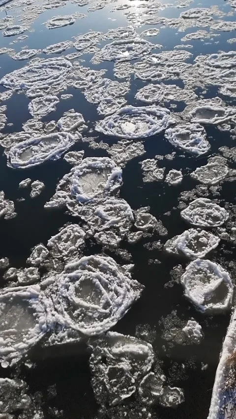 Pancake ice floes on the Warta river in January. 스톡 동영상 333903233