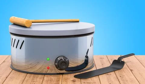 Pancake maker or crepe maker with kitchen utensils on the wooden table. 3D re Stock Illustration