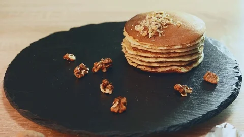 Pancake poured the chocolate stream Stock Footage 72150645