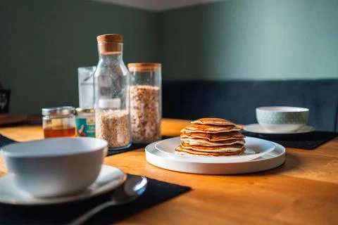 Pancake Stack on a Breakfast Table Horizontal Wide Shot Stock Photos