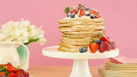 Pancake stack cake, Shrove Tuesday Pancake Day celebration. Stock Footage 101812818