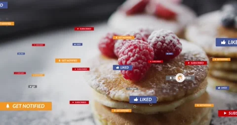 Pancake stack drawing growing social badges after cursor, sugar dusting falling, Stock Footage 323336114