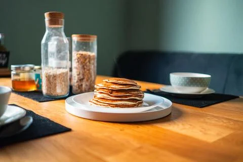 Pancake Stack on a Plate for Breakfast Horizontal Wide Shot Stock Photos