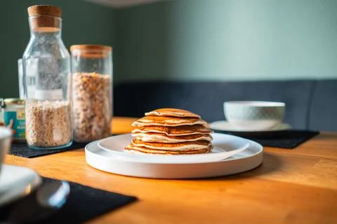 Pancake Stack on a Plate for Breakfast Horizontal Full Shot Stock Photos