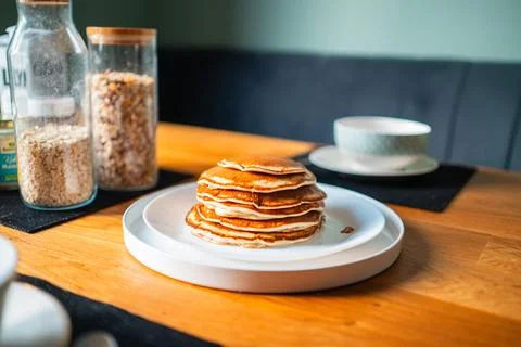 Pancake Stack on a Plate for Breakfast Horizontal Full Shot Stock Photos