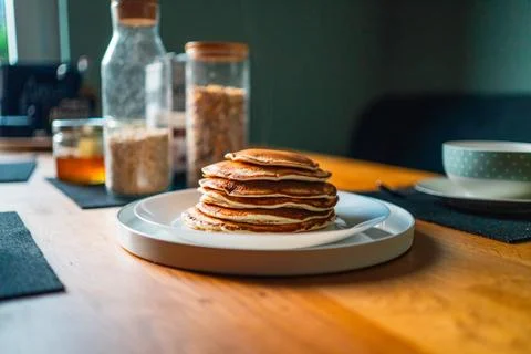 Pancake Stack on a Plate for Breakfast Horizontal Full Shot Stock Photos
