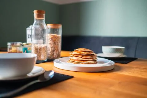 Pancake Stack on a Plate for Breakfast Horizontal Wide Shot Stock Photos
