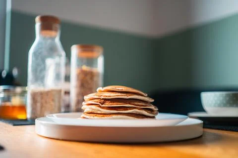 Pancake Stack on a Plate for Breakfast Horizontal Full Shot Stock Photos