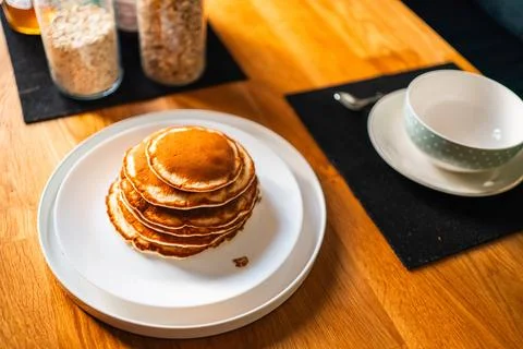Pancake Stack on a Plate for Breakfast Horizontal Wide Shot Stock Photos