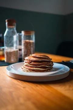 Pancake Stack on a Plate for Breakfast Vertical Full Shot Stock Photos
