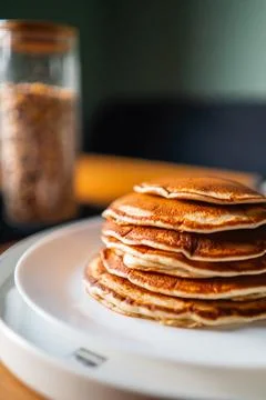 Pancake Stack on a Plate for Breakfast Vertical Medium Shot Stock Photos