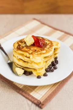 Pancake Stack with strawberry jam Stock Photos