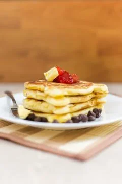 Pancake Stack with strawberry jam Stock Photos