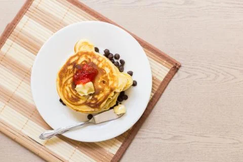 Pancake Stack with strawberry jam Stock Photos
