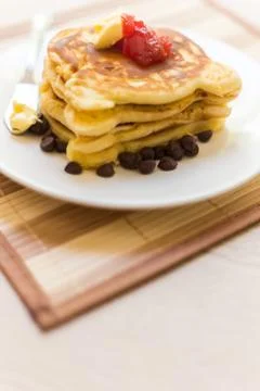 Pancake Stack with strawberry jam Stock Photos
