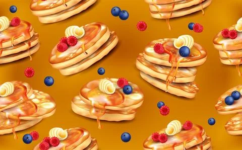 Pancake, strawberry breakfast pattern, cooking 3d isolated elements. Cute f.. Illustrazione stock