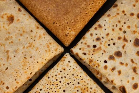Pancake texture. Close-up of thin hot pancakes in a plate. Traditional rustic Stock Photos