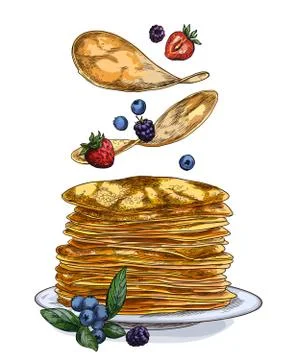 Pancakes and berries falling on the stack of pancakes Stock Illustration