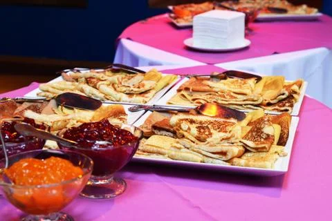 Pancakes and jam Stock Photos