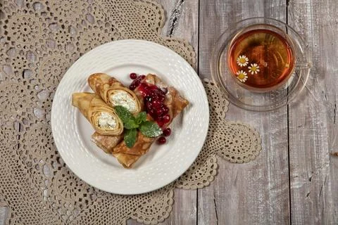 Pancakes And Tea Stock Photos