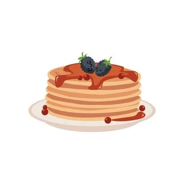 Pancakes with blackberries lie on platter in stack, flat vector isolated. Stock Illustration