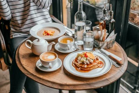 Pancakes breakfast in cafe Stock Photos