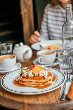 Pancakes breakfast in cafe Stock Photos