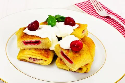 Pancakes with Cherries Stock Photos