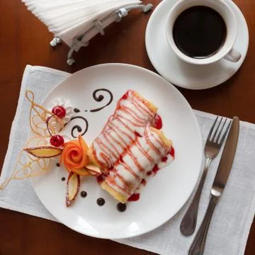 Pancakes with cherry jam Stock Photos