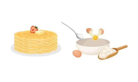 Pancakes cooking process set. Dough preparing and stack of freshly prepared Stock Illustration