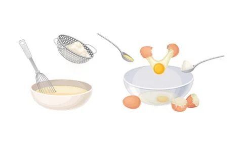 Pancakes cooking process set. Mixing ingredients and dough preparing vector Stock Illustration