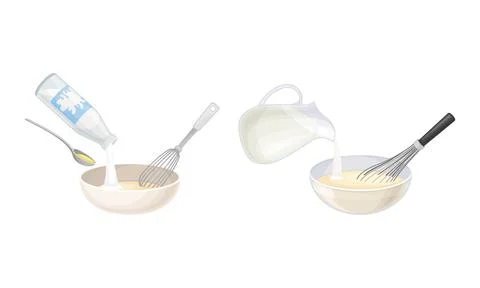 Pancakes cooking process set. Mixing ingredients and dough preparing vector Stock Illustration